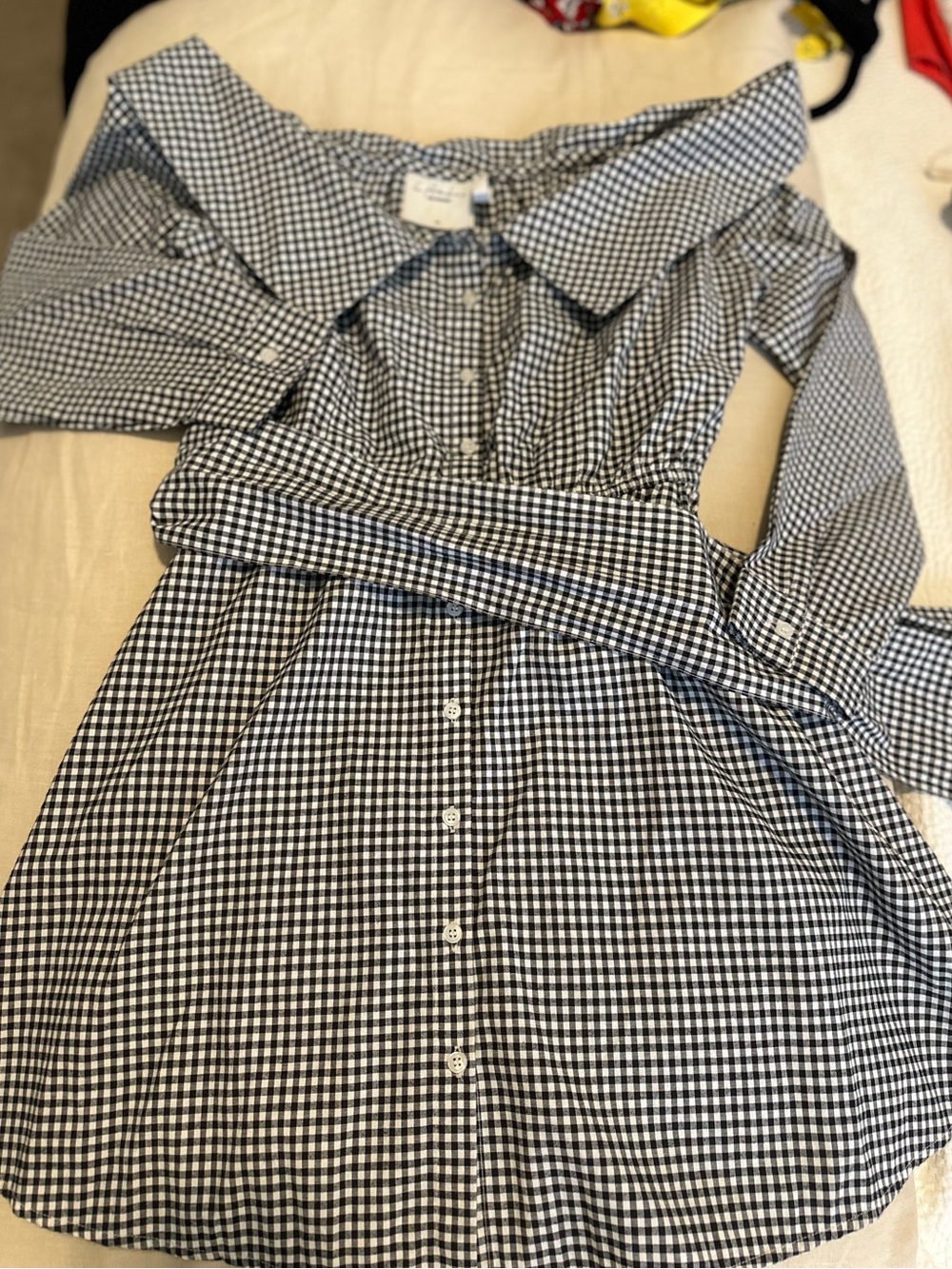 L’Academie Black White Gingham Off Shoulder Tie Waist Dress M